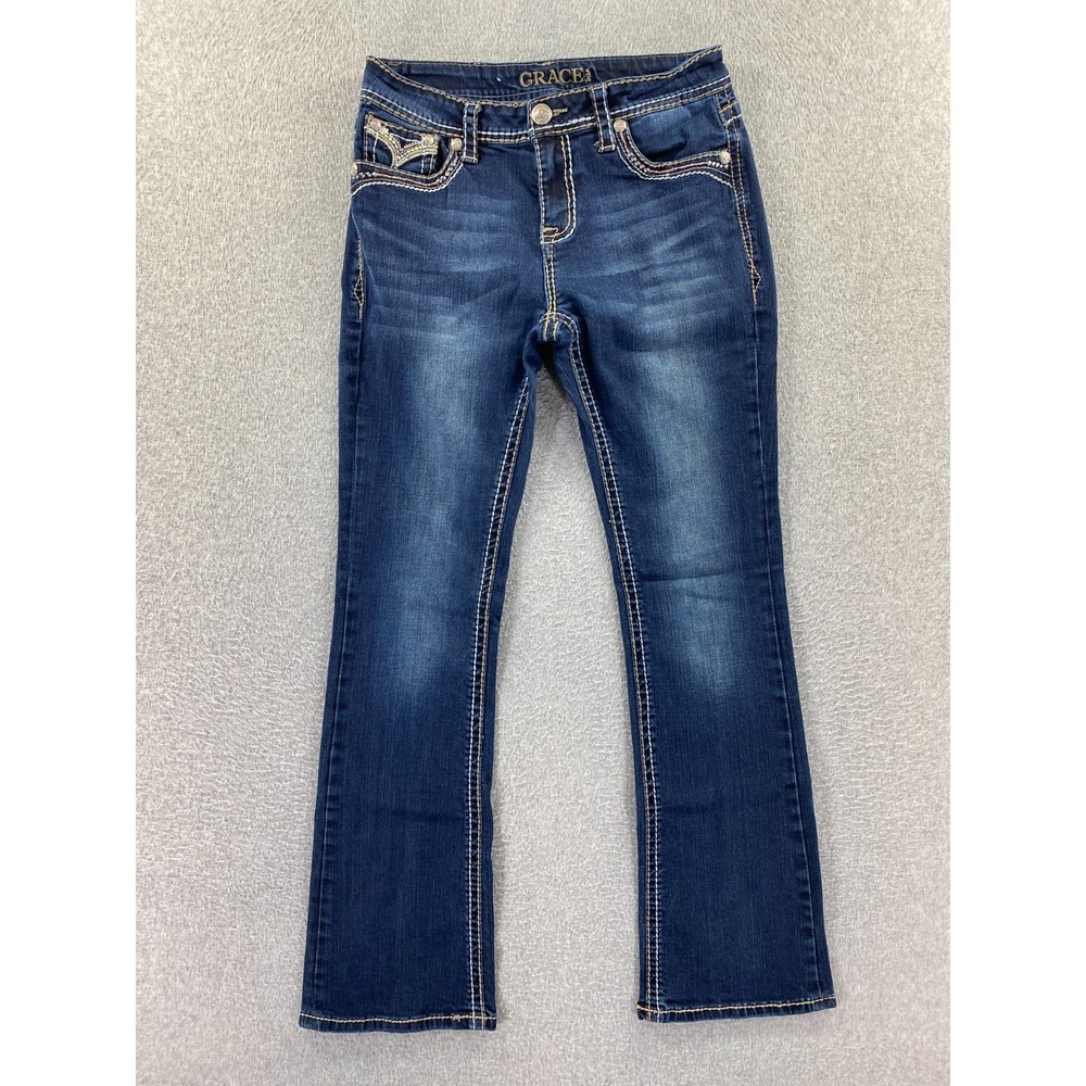 Grace In LA Jeans Women's 27 Blue Bootcut Distressed Embellished Western Boho